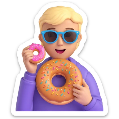 Add sunglasses to Justin Bieber while he holds a donut, keep 3D emoji style, no background, sunglasses added on face, donut in hand visible clearly. sticker