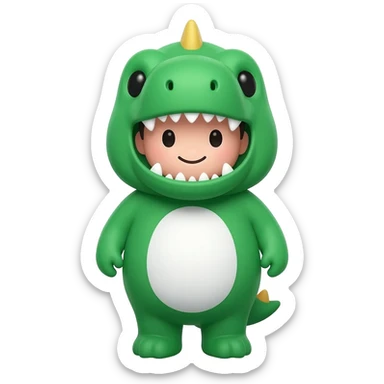 🦖 Costume
Le costume est vert vif avec un ventre blanc au centre.
Sur la tête, il a une capuche en forme de tête de dinosaure, avec de petites dents triangulaires autour du visage.
On voit aussi une petite crête ou pointe sur le dessus de la tête, pyjama
😀 Visage
Le visage est très cartoon sticker