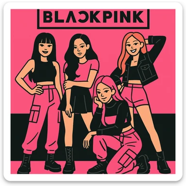 Blackpink K-pop group, pink and black color scheme, modern streetwear outfits, confident group pose, energetic vibe sticker