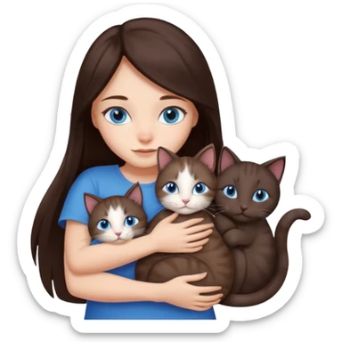 a girl with long dark 
brown hair, with blue eyes, hugs 3 different natural coloured cats sticker