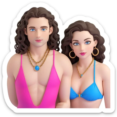 attractive couple on sunny beach, ocean background, curvier woman with fuller figure, big blue-grey eyes, long lashes, pale skin, pink lips, long voluminous dark brown curls, gold hoop earrings, tiny string bikini on her plumper body, next to handsome man with intense blue-grey eyes, chiseled features, pale skin, confident smirk, dark brown styled hair, gold chain, minimalist swimwear, both lounging on sand sticker