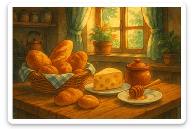 a magical Ghibli-style breakfast with a basket of fresh bread, cheese, and a small pot of honey, in a sunlit kitchen sticker