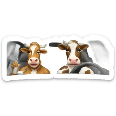 Two cows driving in a car and smoking cigarette sticker
