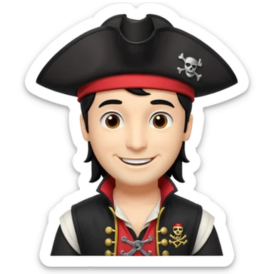 Captain Feathersword of The Wiggles with light skin, brown eyes, black hair, black pirate hat, white pirate shirt with red vest sticker
