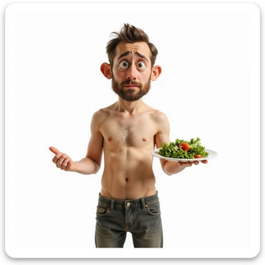 realistic man, thin and undefined physique, sad expression, plate with only salad, caption in Italian: “Mancanza di grassi salutari: effetti negativi su corpo e salute”, isolated on white background sticker