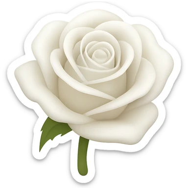 Create a 3D illustration of a white rose in the style of iOS Apple emoji, featuring volumetric petals and a realistic green stem, on a transparent square background. The style should mimic the Apple emoji look with detailed shading and smooth gradients. sticker
