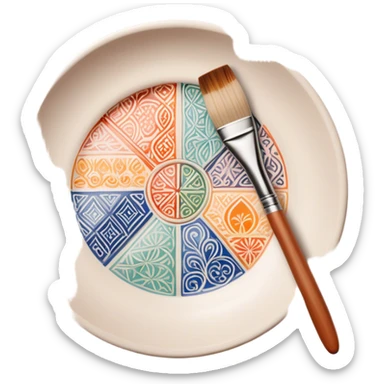 Ceramic painting icon, hand-painted ceramic plate or vase with intricate patterns, visible paintbrush, paint pots, and ceramic tools, colorful glaze, no finished artwork, just the painting process, minimalistic style, clean lines, transparent background. sticker