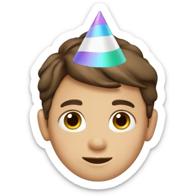 Young Boy, straight brown hair, brown eyes, white skin, birthday party hat sticker