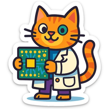 playful and colorful cat in a lab coat holding a circuit board sticker