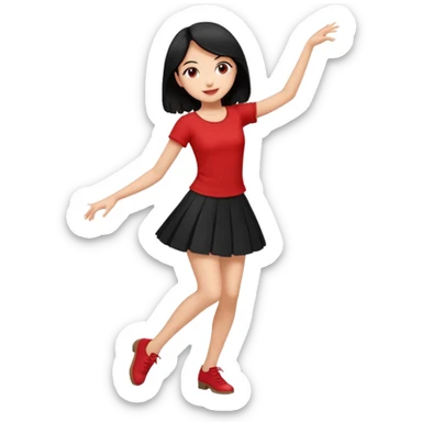 Chicas esbelta con falda corta negra y top rojo,pelo semi largo negro y lacio  super feliz,pero bailando sticker