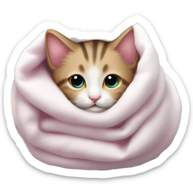 a kitten rolled up in a white soft blanket with a pink nose sticker
