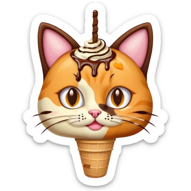 Haz un emoji de un helado de chocolate con sirope naranja, con cara de gato y orejas y bigotes de gato sticker