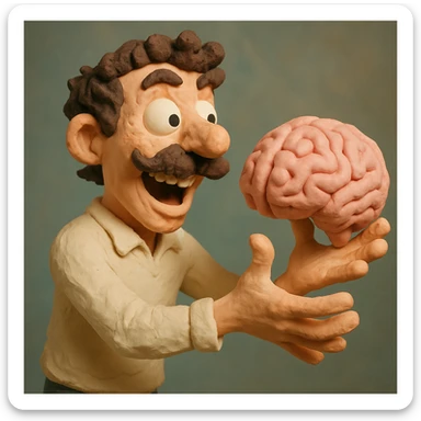 Enhance the claymation man holding a brain by adding more depth and dimension to the image. Make him more attractive and quirky, inspired by the first version, with dark curly hair, thick mustache, light skin, freckles, more movement, claymation style, visible fingerprints, and pastel colors. sticker