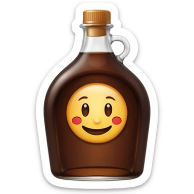 curved medium dark bottle with closed cap, filled with deep brown glossy syrup slightly translucent, no label or decorations, soft lighting, emoji scale sticker