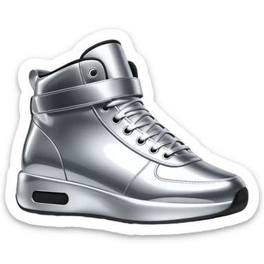 A pair of futuristic sneakers emoji made of silver chrome, sleek streetwear design, smooth metallic panels, subtle reflections, luxury swag aesthetic, iOS emoji style, centered, clean white background sticker