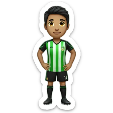 Soccer fan with short black hair wearing a jersey with black and green stripes sticker