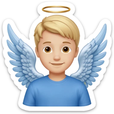 smiling boy in blue shirt with angel wings sticker
