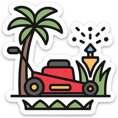 logo for lawn care company with lawn mower mowing grass, palm tree in background, water sprinkler visible, fresh inviting look sticker