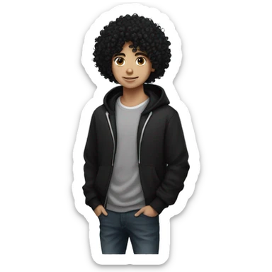 super curly long black hair, white skin teen boy, black hoodie, headphones on neck  sticker