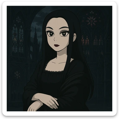 Add a dramatic gothic background featuring gothic architecture, stained glass windows, and a dark, moody atmosphere. Keep Mona Lisa in goth style with appropriate gothic elements. sticker