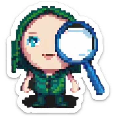 A pixelated character looking through a magnifying glass sticker