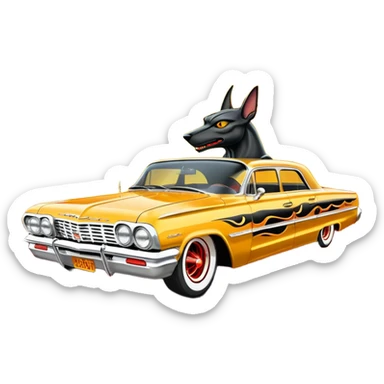 Satan’s streamlined Hot rod custom 1964 impala low rider four door Anubis themed painted hood flaming side-mounted under-door chrome exhaust pipes driving straight to hell  sticker