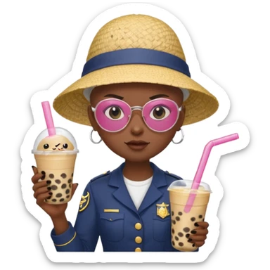 A Angry Teen Female with Dark skin and Bald, wearing a Uniform outfit, a Sunhat, Sunglasses, carrying a Enchanted staff, working as a teacher, while drinking Bubble tea and reading a Comic.
 sticker
