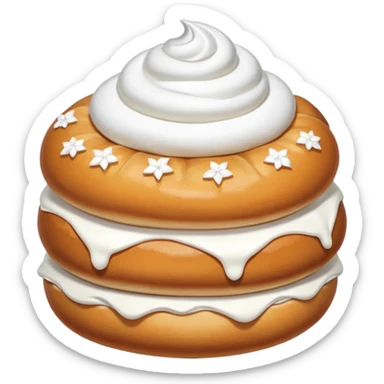 A bun with visible whipped cream in the middle beteween two bun halves and powdered sugar on top sticker
