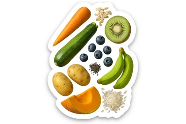 carota, fiocchi di avena, zucchine, kiwi, mirtilli, semi di chia, patate, banane acerbe, zucca, riso fluttuano in aria verticalmente, iperrealistici 4k sticker