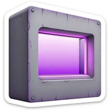 Minimalist gray concrete panel building with one window glowing bright purple from grow lights inside, simple rectangular structure sticker