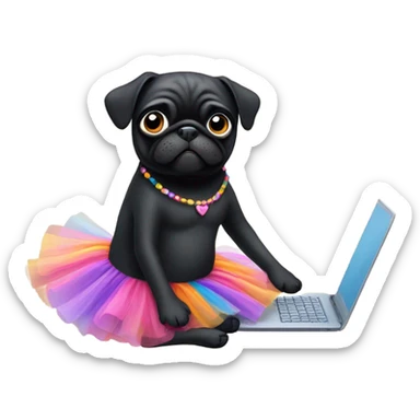 Black pug using a laptop while wearing a tutu dress sticker