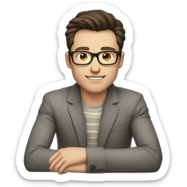 Pale skinned Fit Man With dark brown hair in gray jacket with stripe Ψ, beige shirt and vintage glasses Sitting at the table sticker