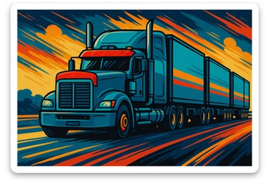 A road train: a cyan semi truck with four trailers, red bug shield, stylized and bold. sticker