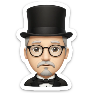 short top hat, glasses, and goatee. He has a serious unfaced expression, white, wrinkles and sticker