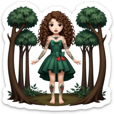 full body view of a woman with long curly brown hair, brown eyes, white skin, tattoos, playful bow like a dark forest performer sticker