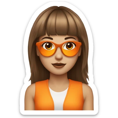 White skin girl with brown medium hair with bangs wearing orange sungglases sticker