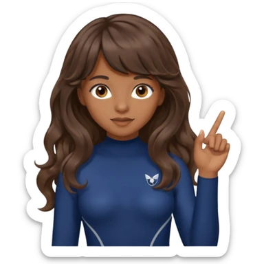 Uzun kahverengi dalgalı saçlı kahverengi gözlü esmer perçemli üzerinde lacivert parmak detaylı body olan bir kız yap sticker