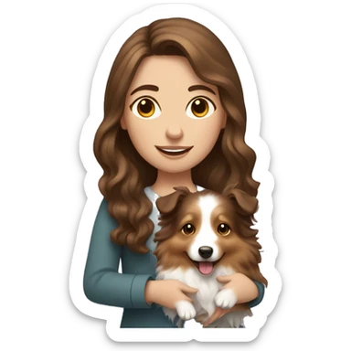 pale girl with wavy brown hair holding a sheltie sticker