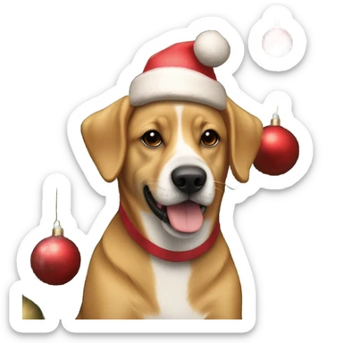 A light brown dog in a ssnta hat sitting next to a Christmas tree decorated with red and white ornaments sticker
