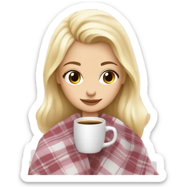 cute blonde girl wrapped in pastel pink plaid blanket drinking coffee sticker