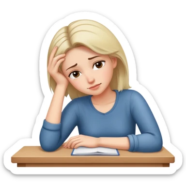 Tired woman with slight smile leaning head on one hand, elbow on desk sticker