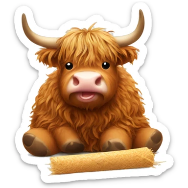 Mini highland cow we eating a beanie sitting with straw in its mouth sticker