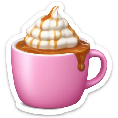 A hot drink with caramel dripping and whipped cream in a pink mug sticker