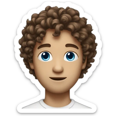 a guy with blue eyes messy curly hair brown haiur and he white sticker