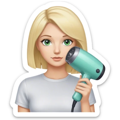 Hair stylist with blonde bob hair and blue green eyes holding hair dryer sticker