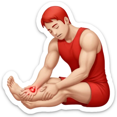 Man holding his foot in pain, muscle cramp in feet, red pain highlight on foot, simple medical emoji style, clean background sticker