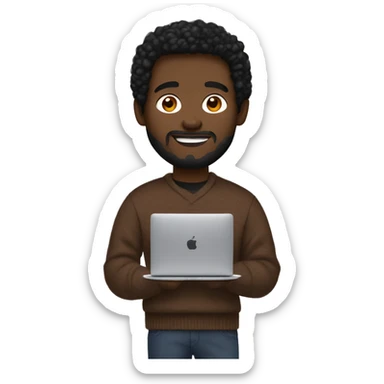 Designer with a MacBook with dark hair in brown sweater and Air Pods Max  sticker