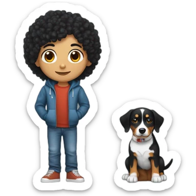 Young russian programmer with curly black hair with dog Entlebucher zennenhund sticker