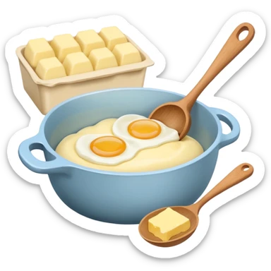 A cream ceramic baking bowl with a wooden spoon in it, a carton of eggs and butter sticker