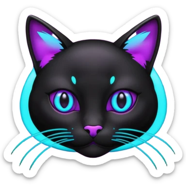 futuristic glowing black cat emoji, neon cyan eyes, purple #8B5CF6 highlights, tech minimal style, dark background sticker